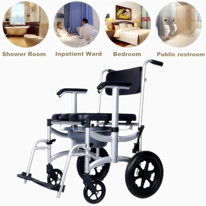 Mobile Shower Chair, 4-in-1 Toilet Commode Wheelchair with Brakes - Image 2