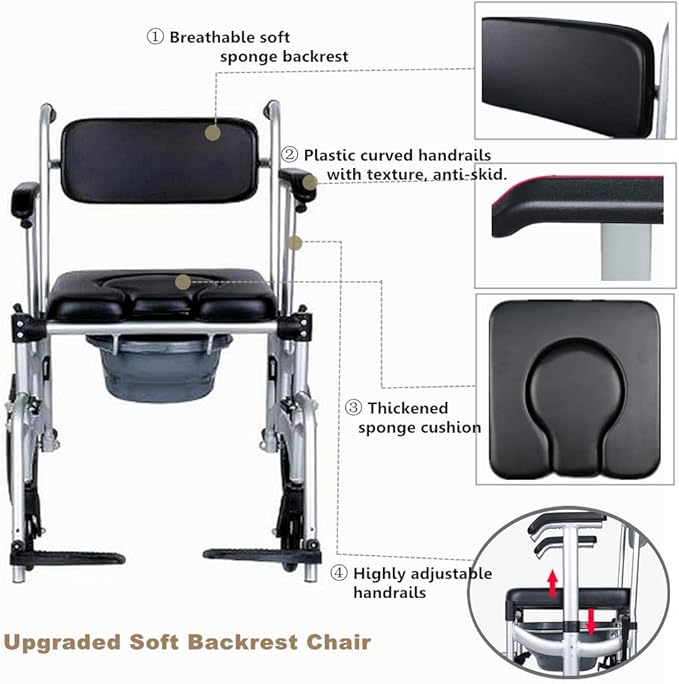 Mobile Shower Chair, 4-in-1 Toilet Commode Wheelchair with Brakes - Image 4